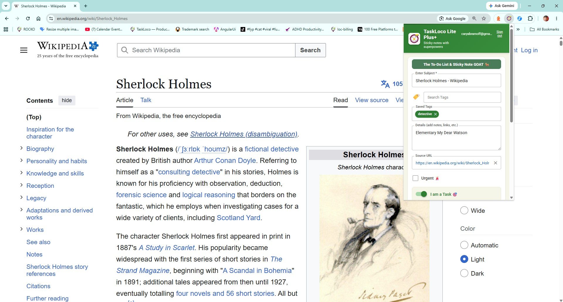 The Sticky Note Web Clipper popup open over a Wikipedia article — title and URL auto-filled