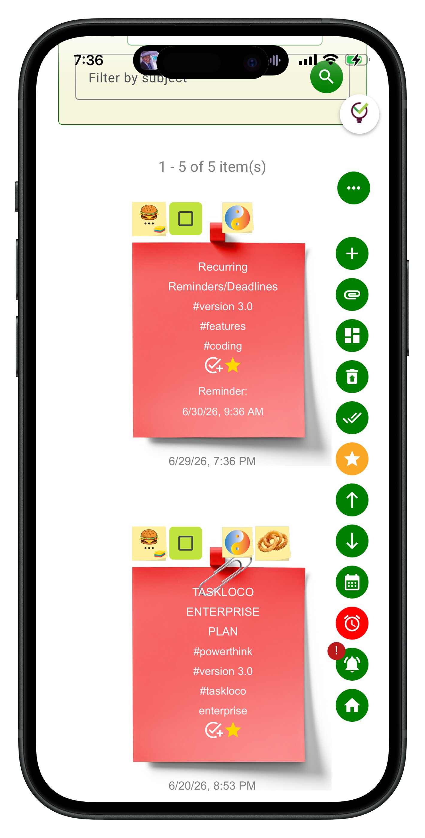 Planning the day with TaskLoco sticky notes on an iPhone