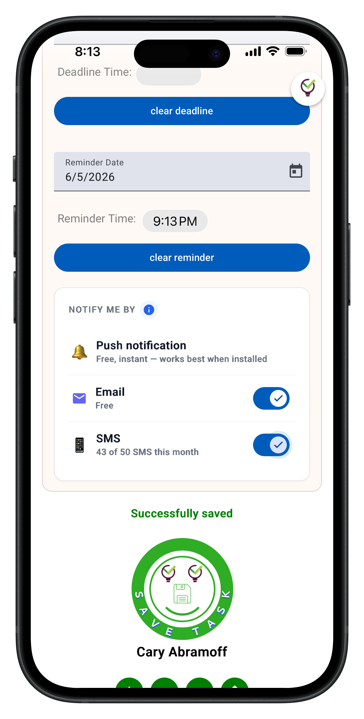 Set a reminder with optional email and SMS notifications