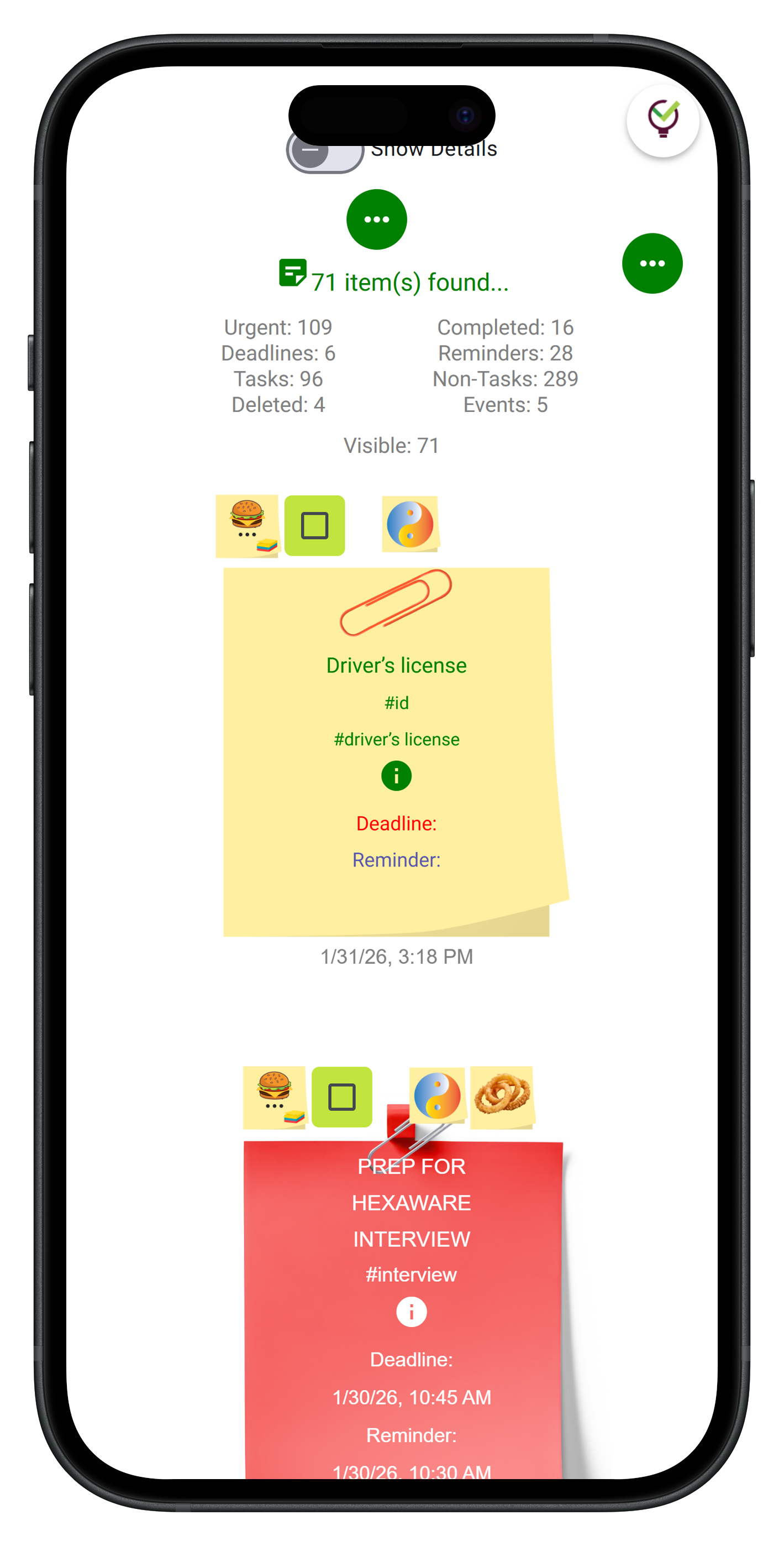 TaskLoco sticky note detail view